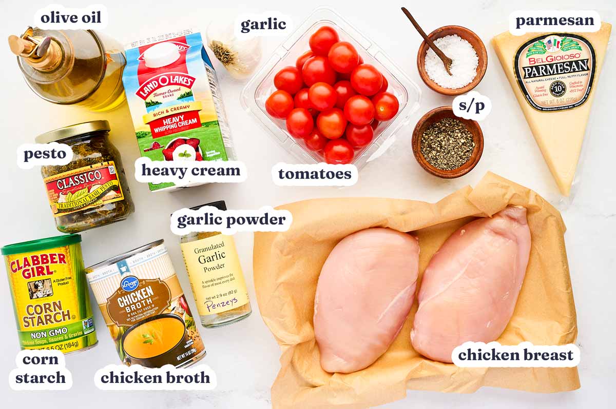 Creamy Pesto Chicken recipe ingredients with text labels.