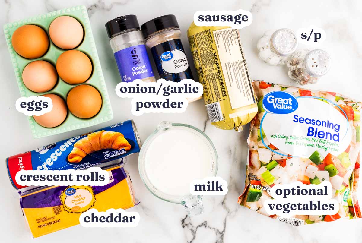 Crescent Roll Breakfast Casserole ingredients with text labels.