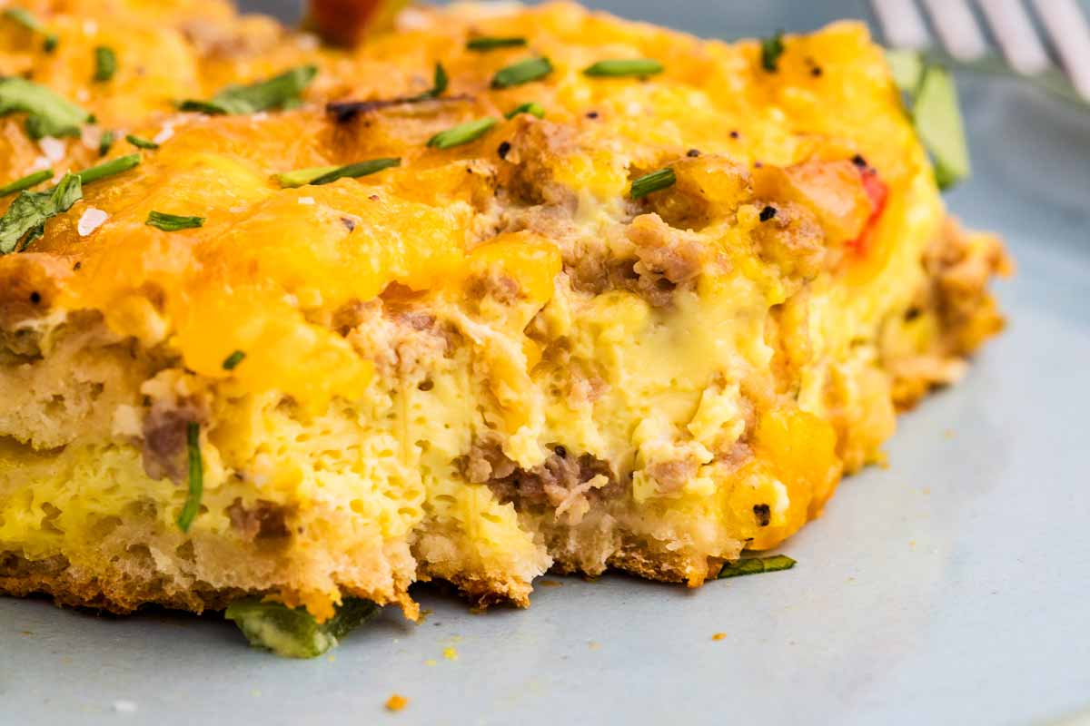 Close up photo of breakfast casserole.