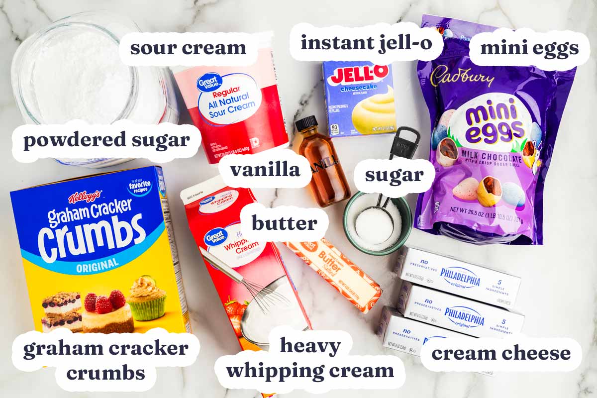 No Bake Easter Mini Egg Cheesecake ingredients with text labels.