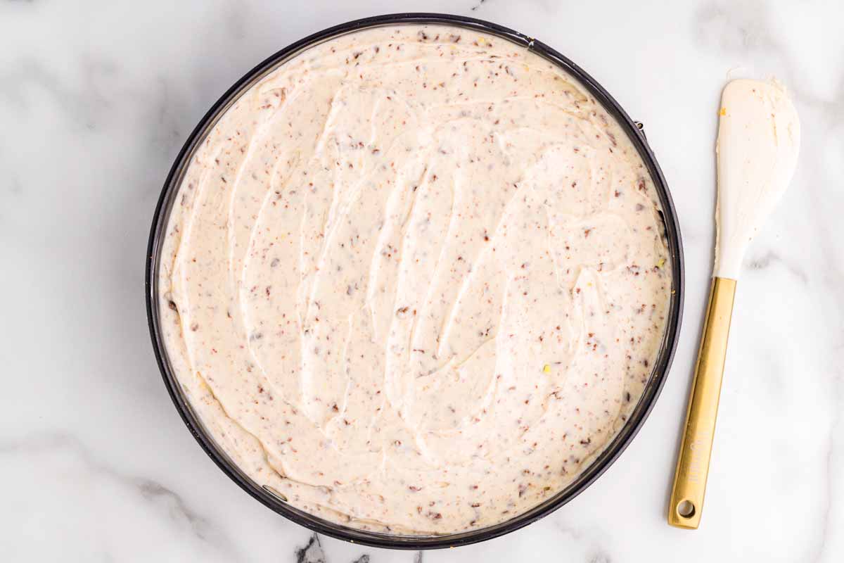 Mini egg cheesecake in springform pan.