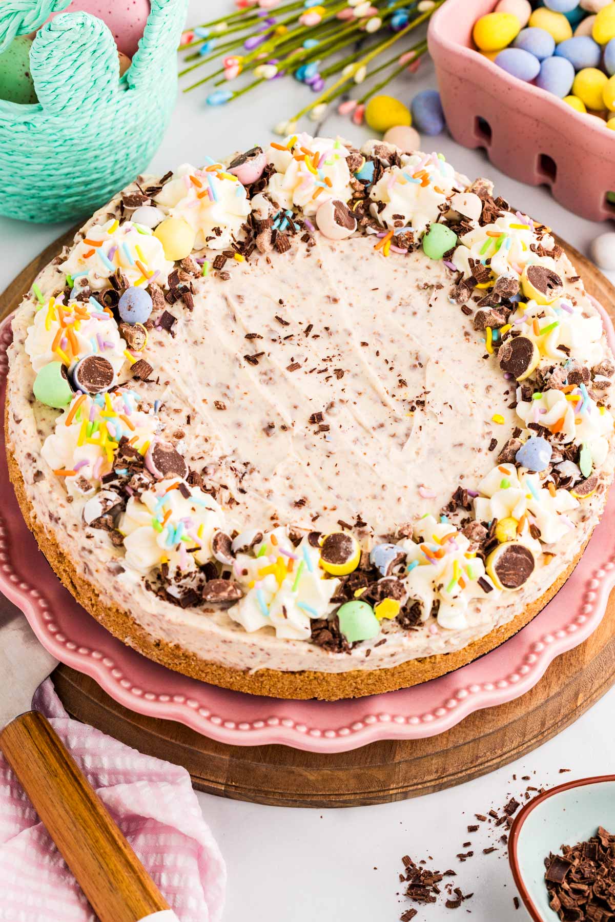 Easter cheesecake on a platter.