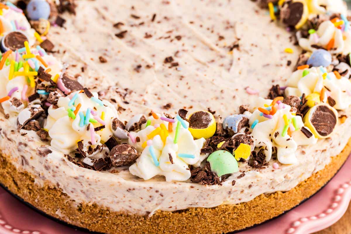 Close up photo of decorated mini egg cheesecake.