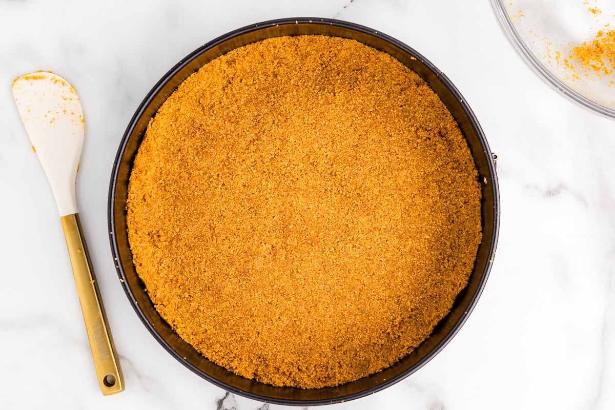 Graham cracker crust in springform pan.