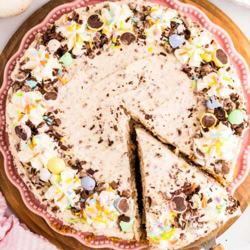 Mini Egg Easter Cheesecake with a slice cut.