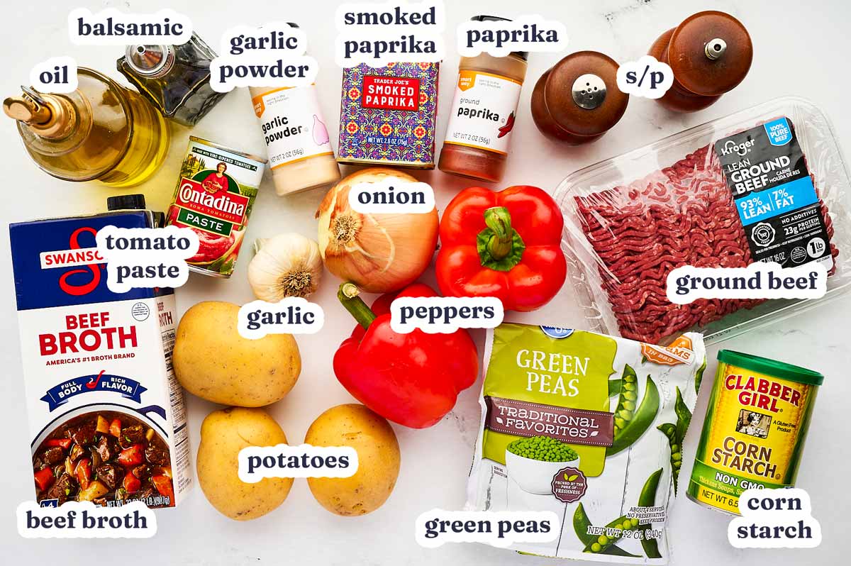 One Pot Ground Beef and Potatoes ingredients with text labels.