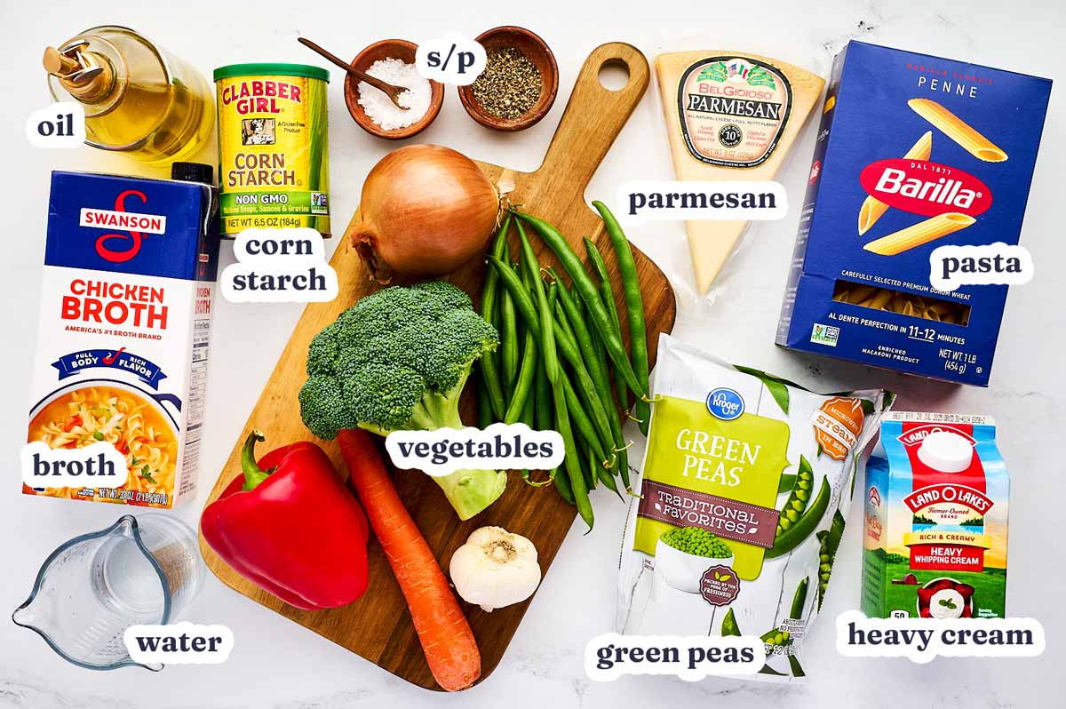 One Pot Pasta Primavera ingredients with text labels.