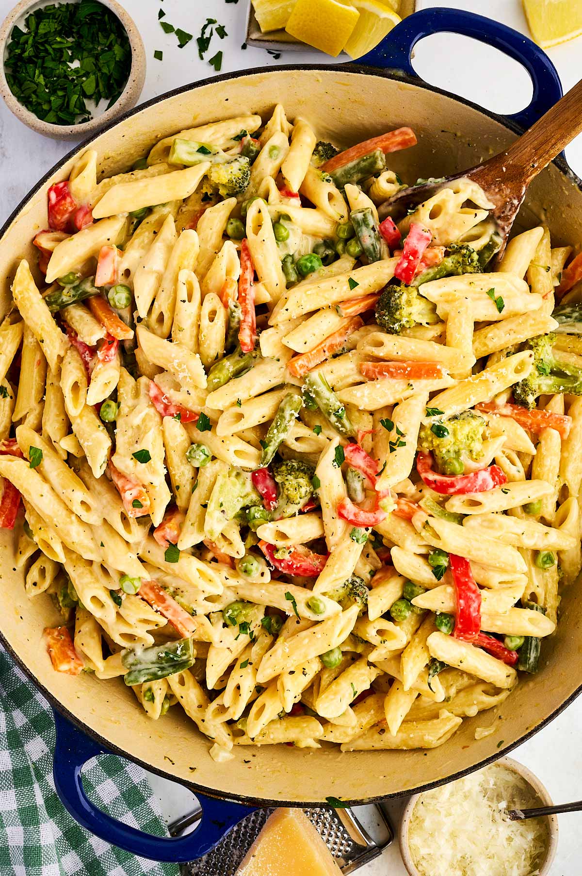Pan filled with pasta primavera.