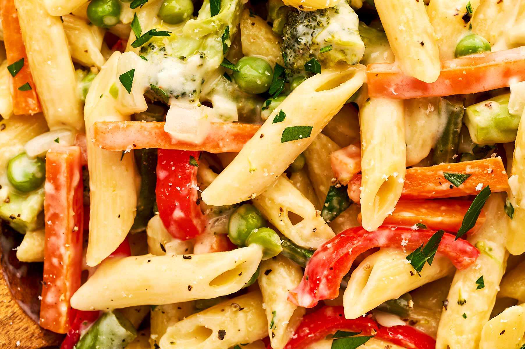 Close up of pasta primavera.