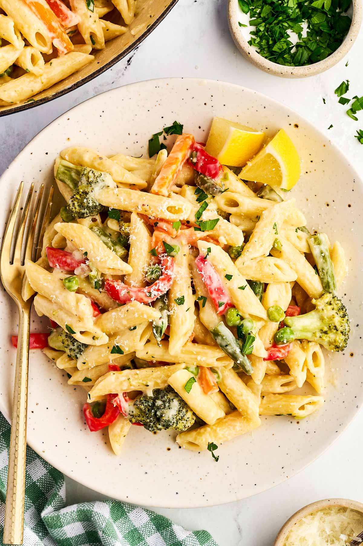 Plate with pasta primavera.
