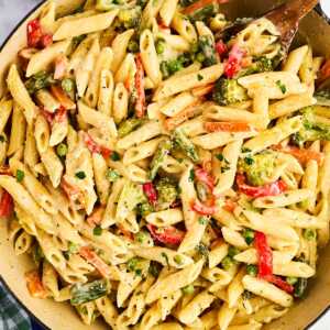 Pan filled with pasta primavera.