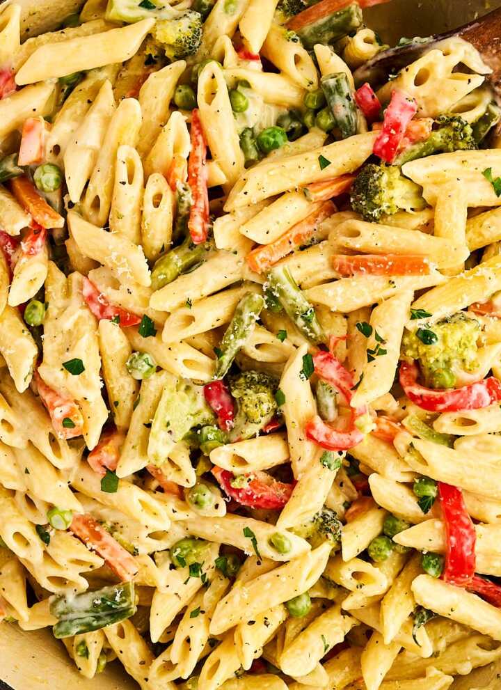 Pan filled with pasta primavera.