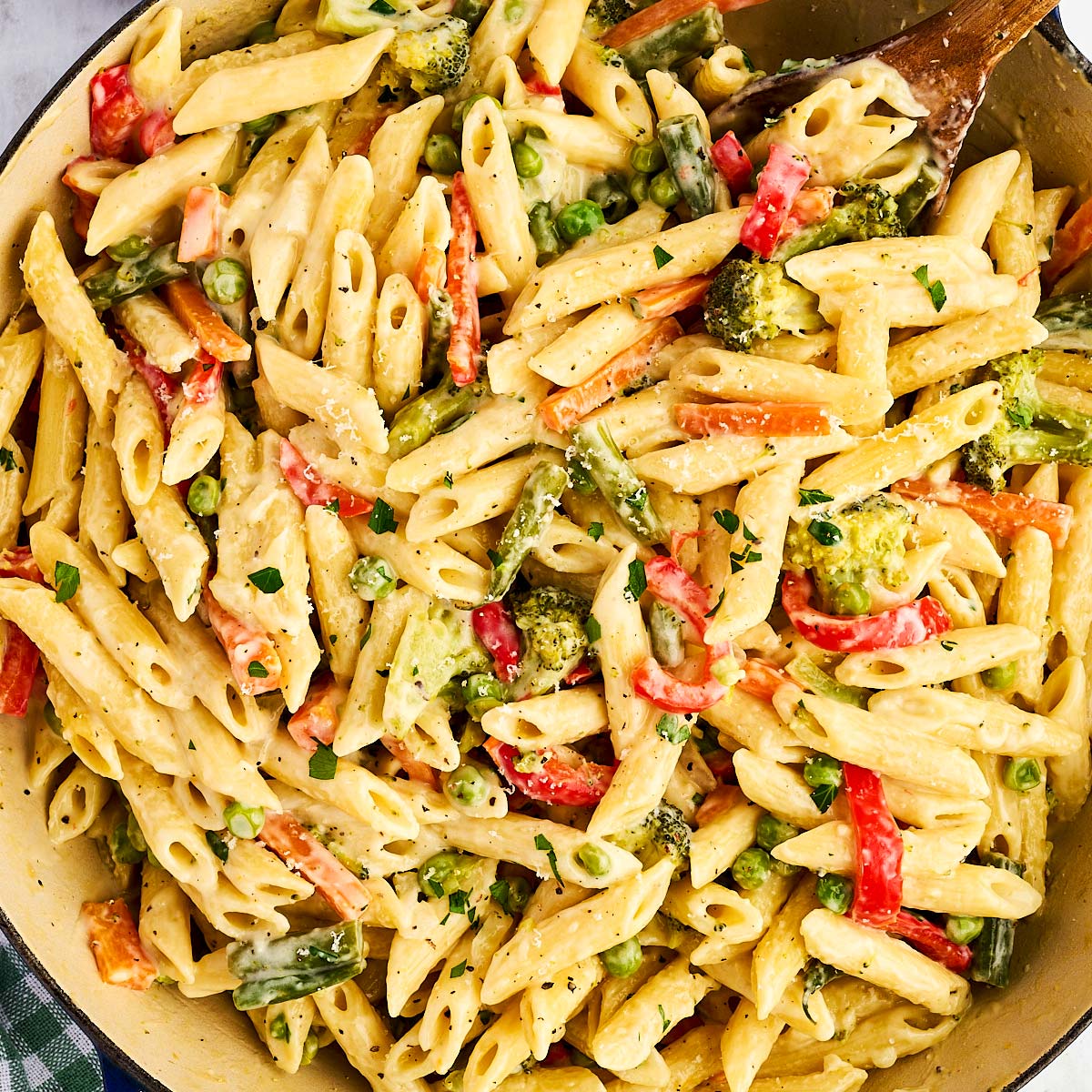 Pan filled with pasta primavera.
