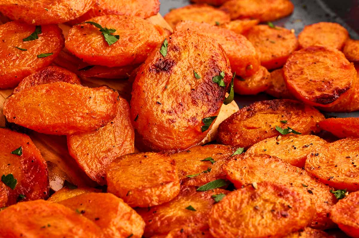 Close up photo of roasted carrots.