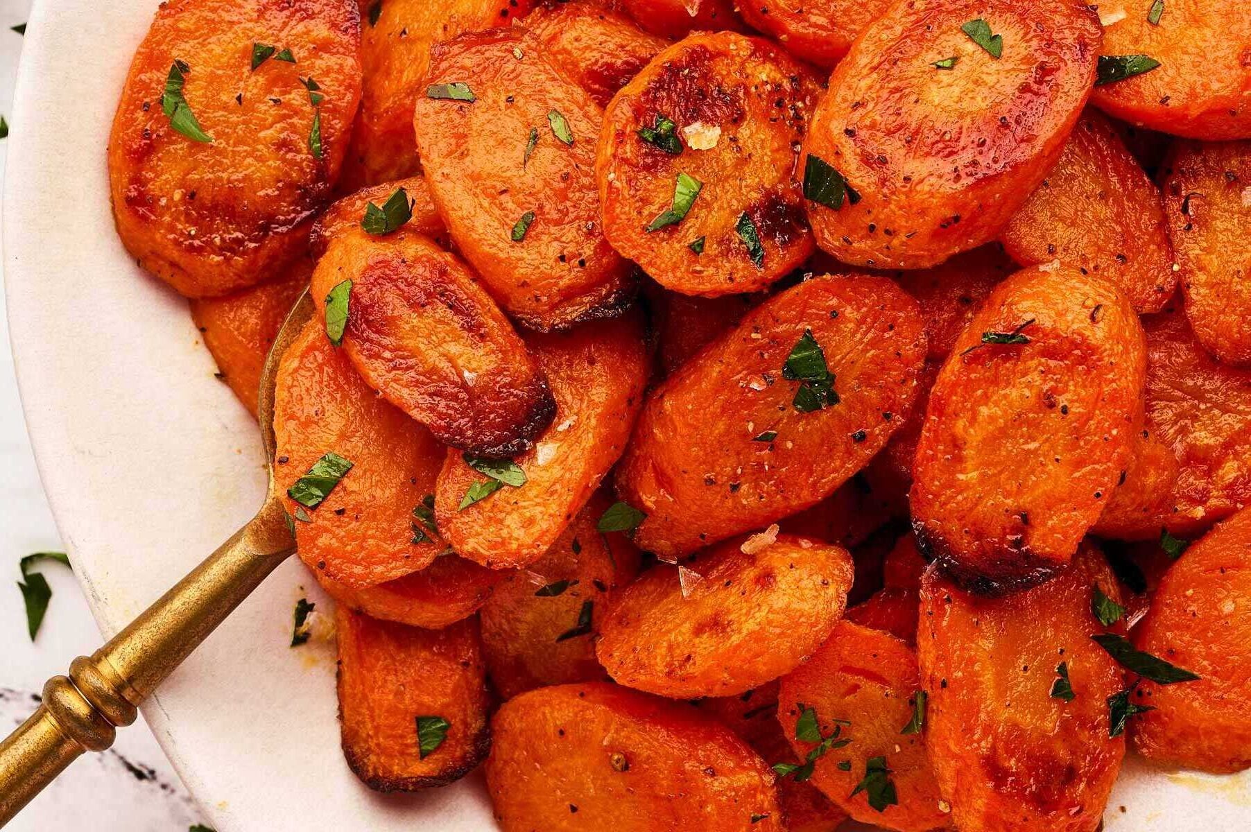 Close up photo of roasted carrots.