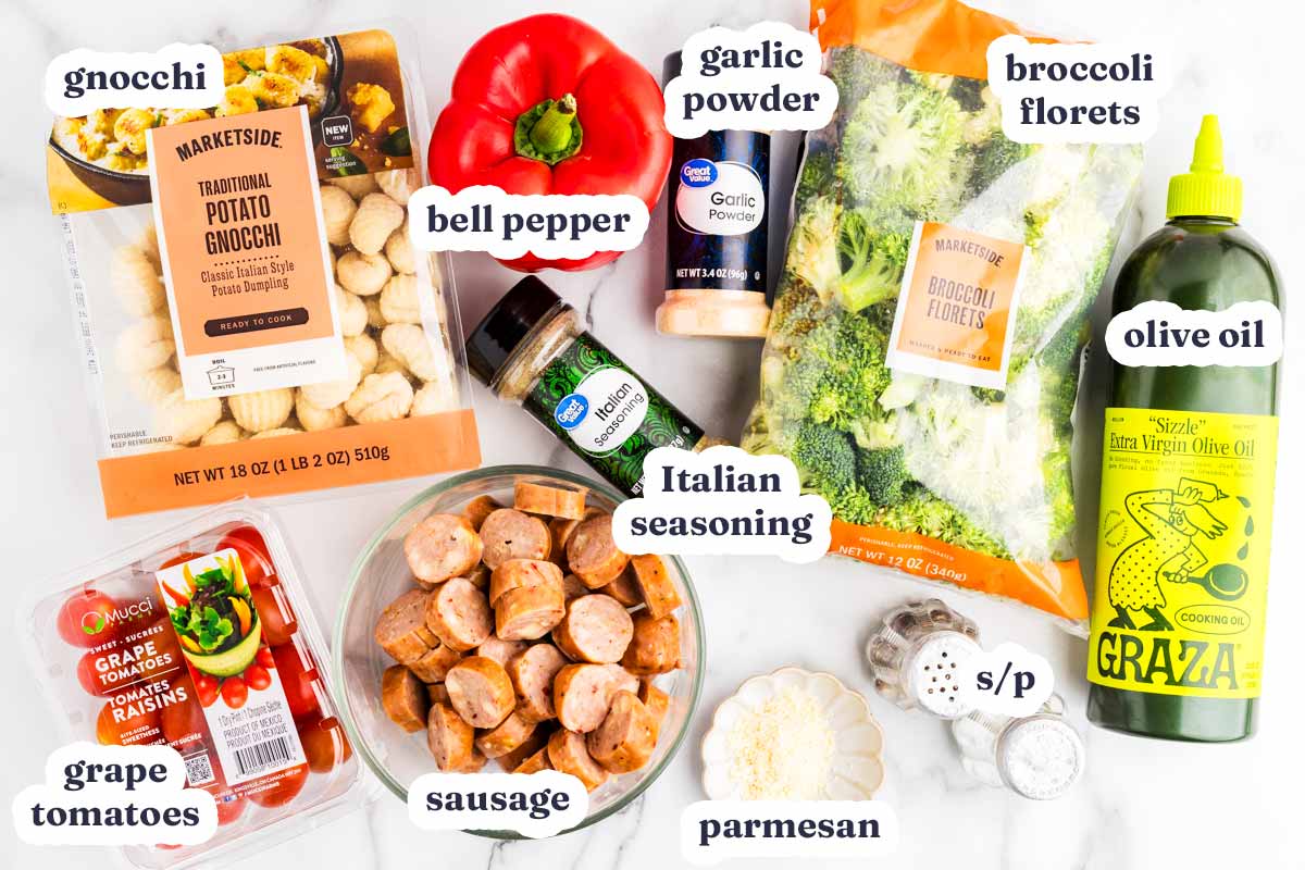 Sheet Pan Gnocchi with Sausage ingredients with text labels.