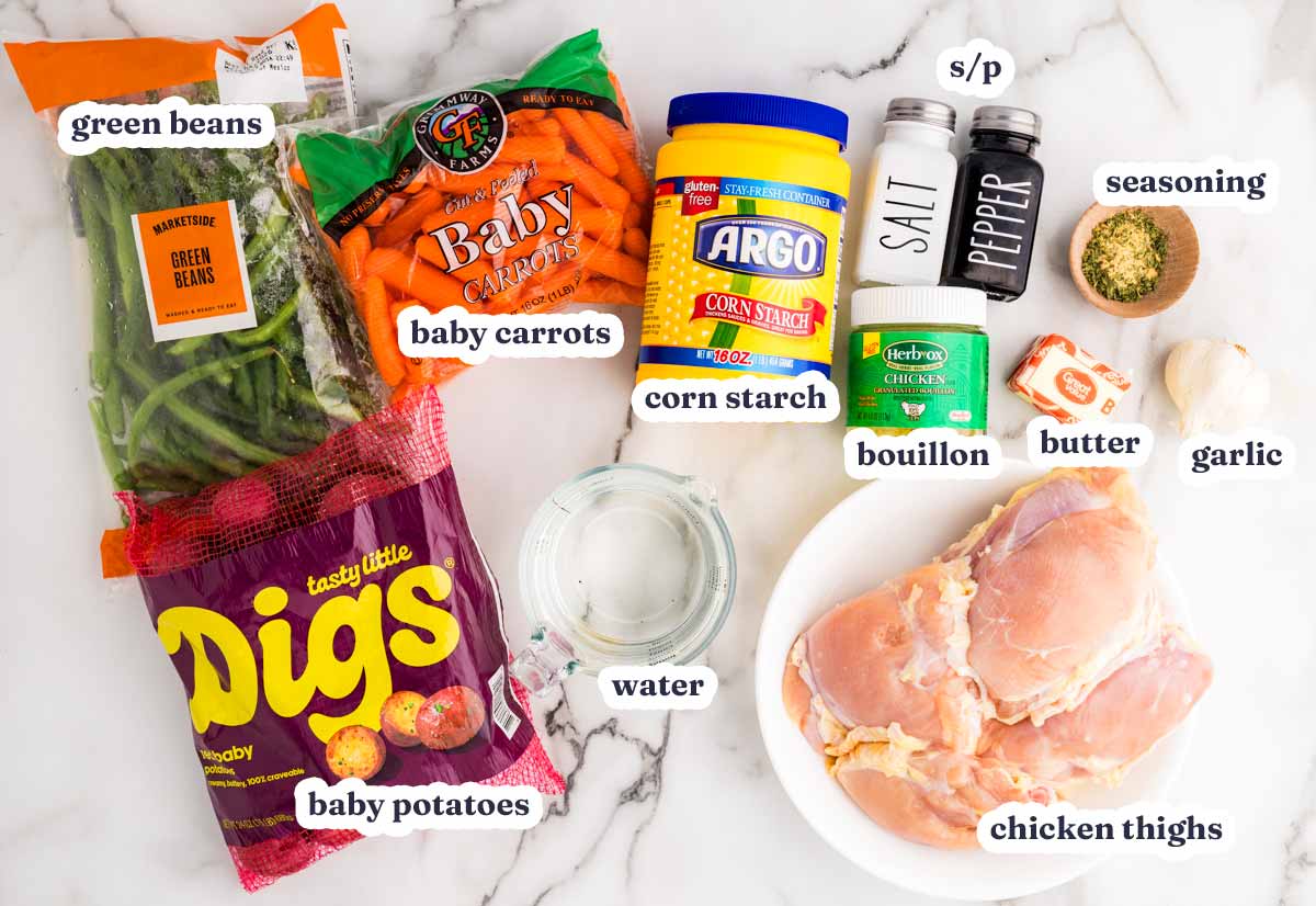 Slow Cooker Garlic Butter Chicken and Vegetables Recipe ingredients with text labels.