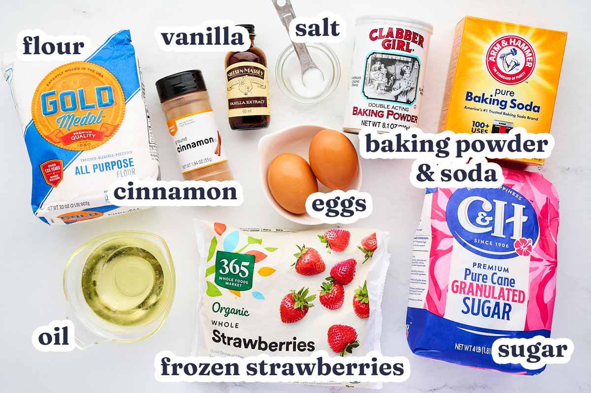 Strawberry Bread recipe ingredients with text labels.