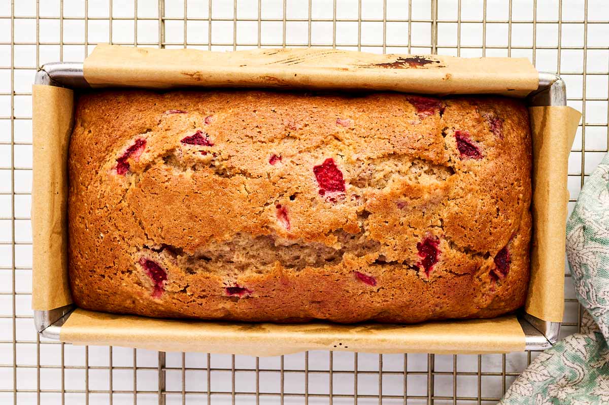 Strawberry bread cooling in the pan.