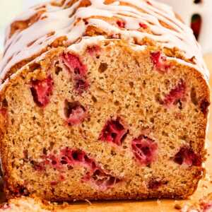 Loaf of sliced strawberry bread.