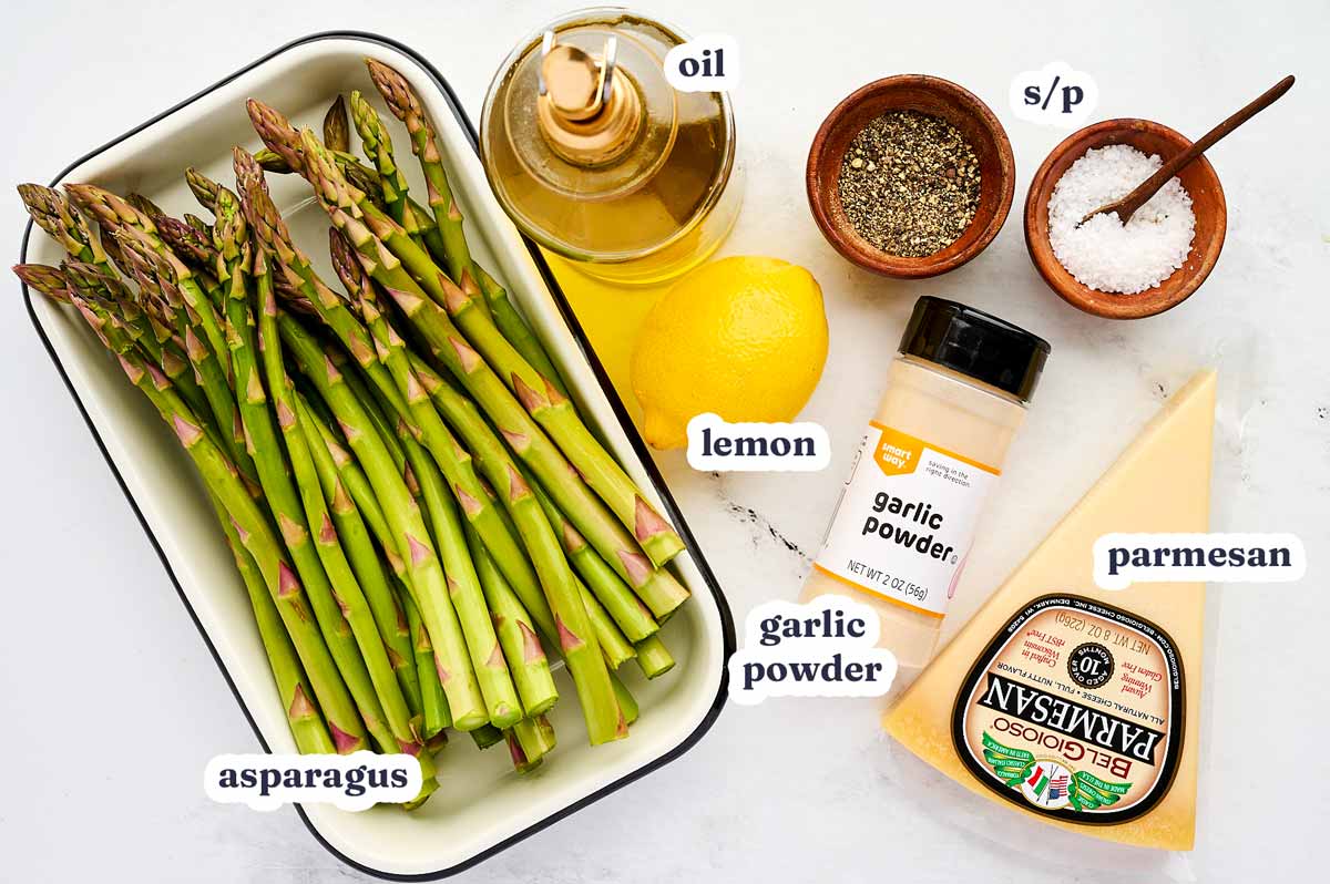 Air Fryer Asparagus recipe ingredients with text labels.