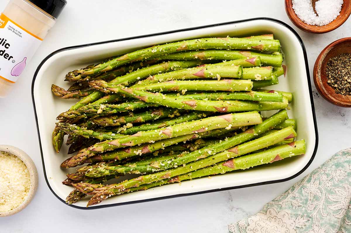 Trimmed asparagus in a dish.