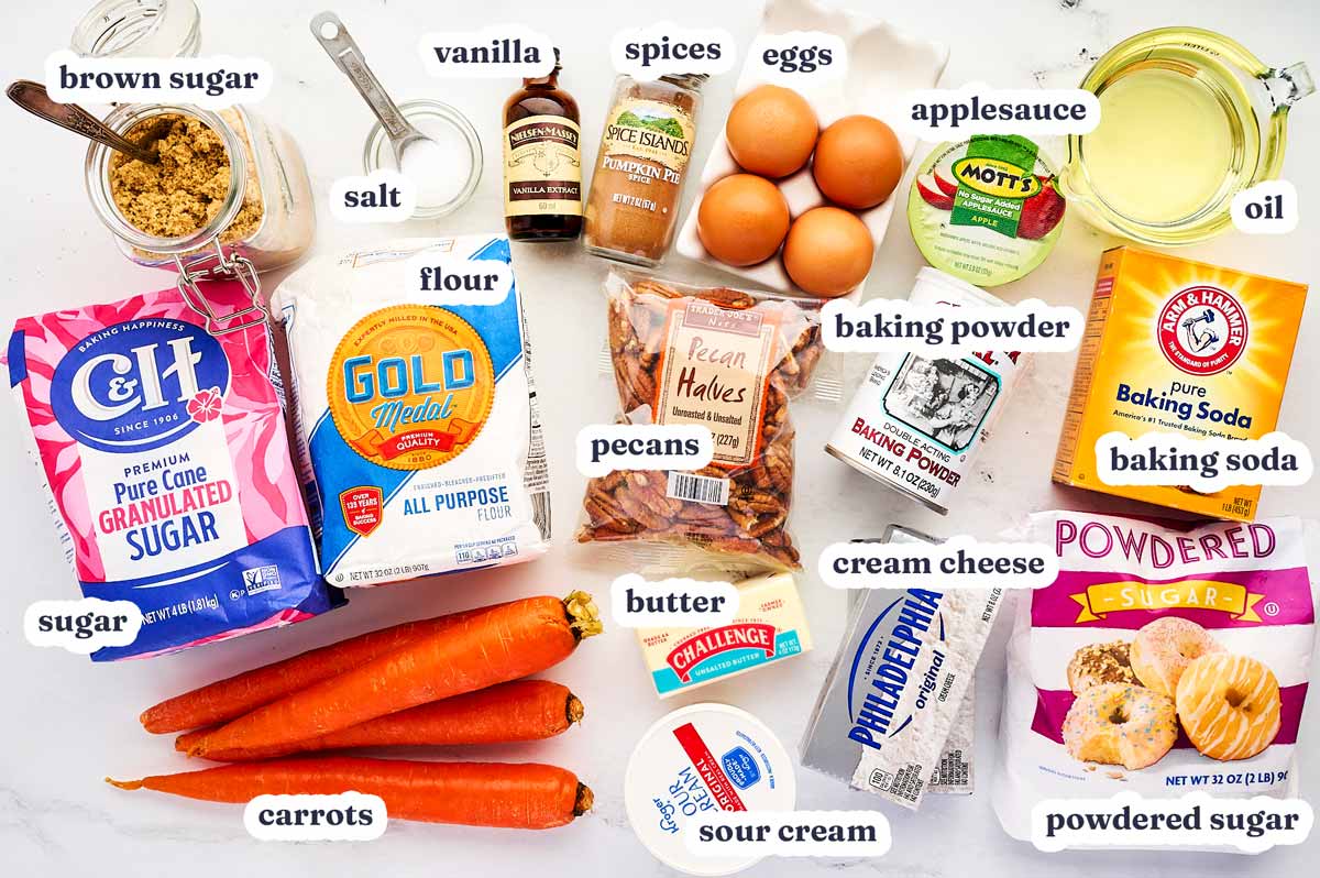Carrot Cake recipe ingredients with text labels.