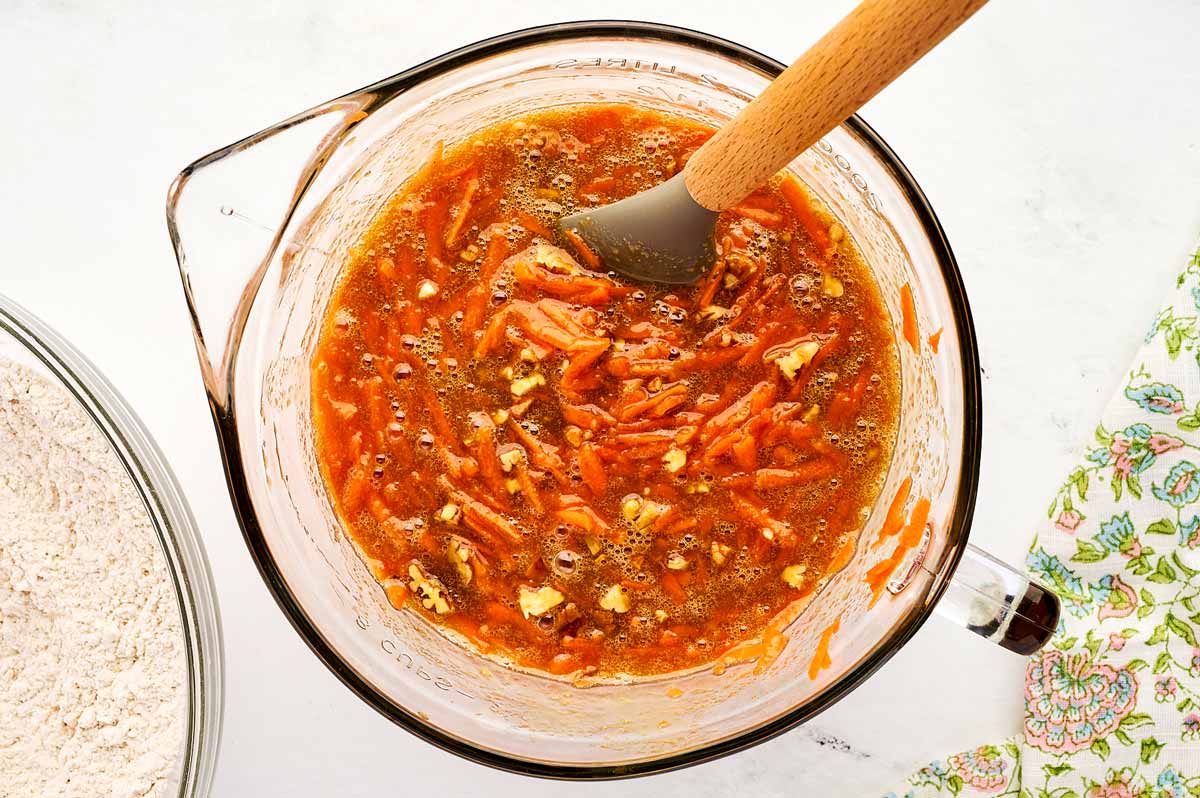 Wet ingredients for carrot cake.