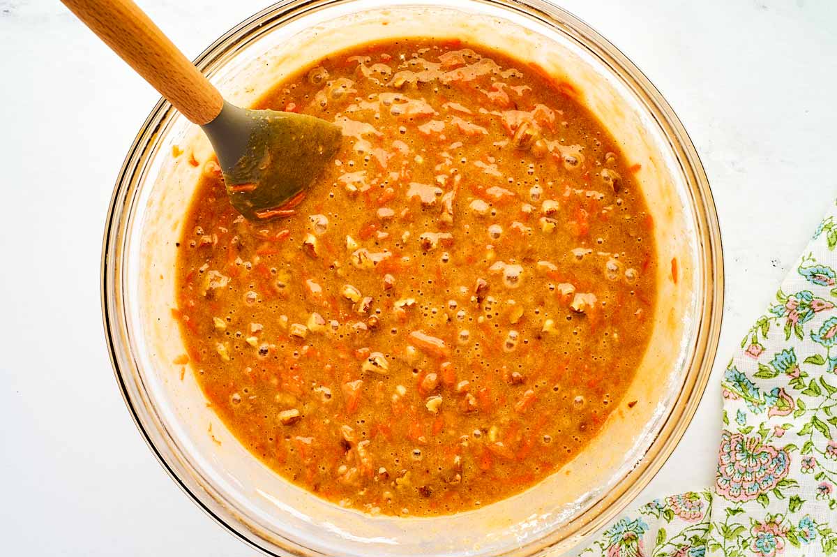 Carrot cake batter in a bowl.