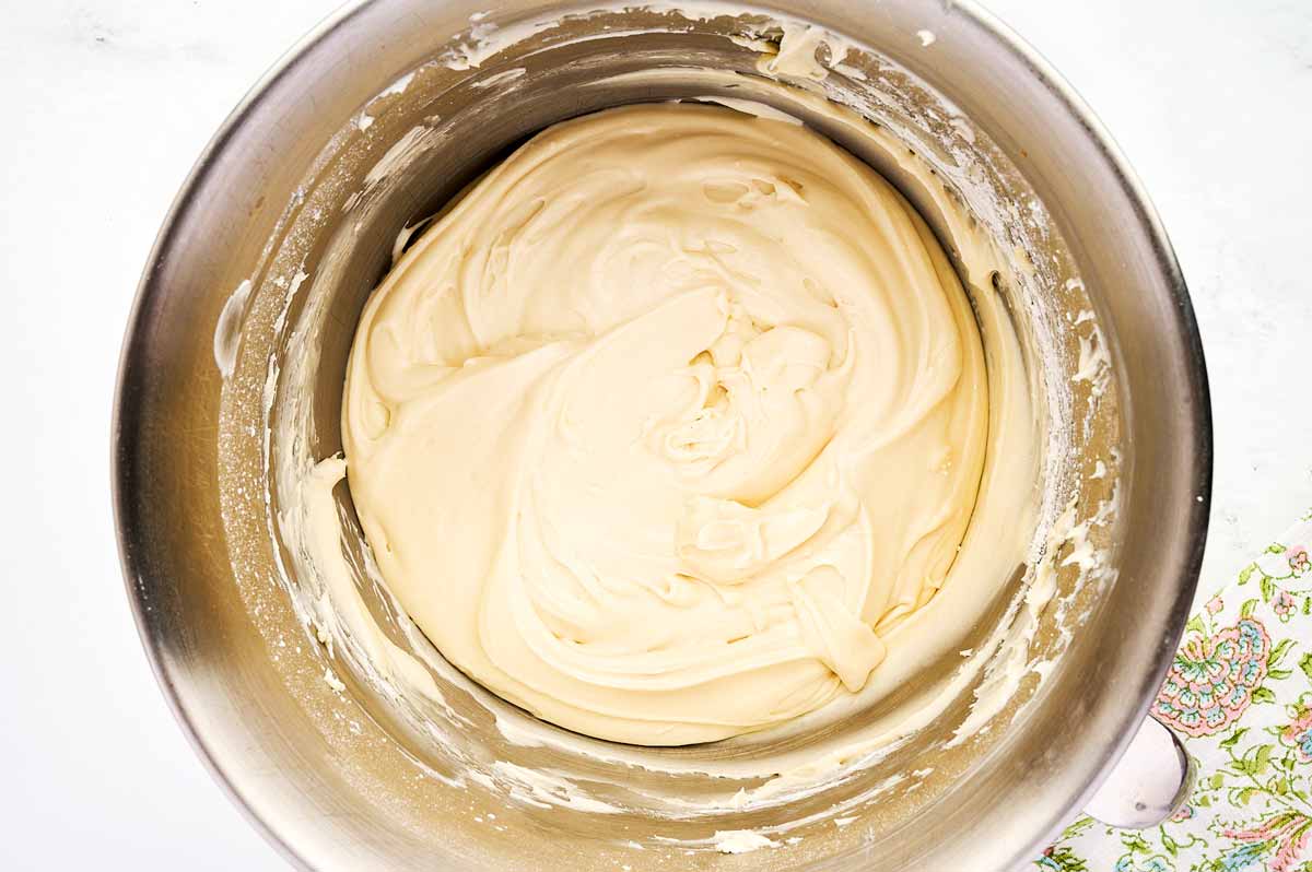 Cream cheese frosting in a bowl.