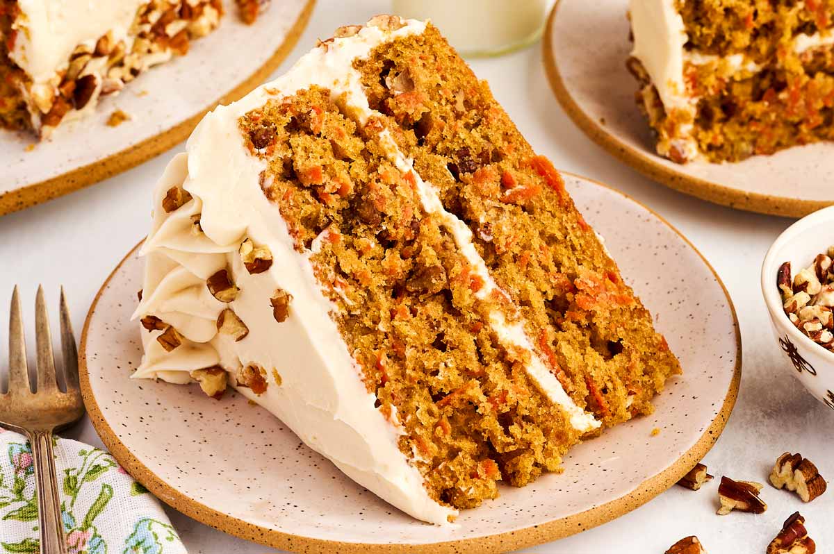 Carrot Cake slice on a plate.