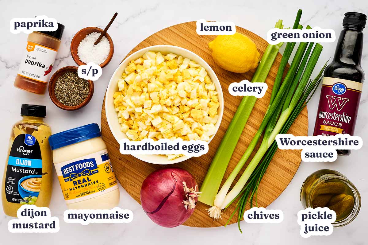 Ingredients for egg salad with text labels.