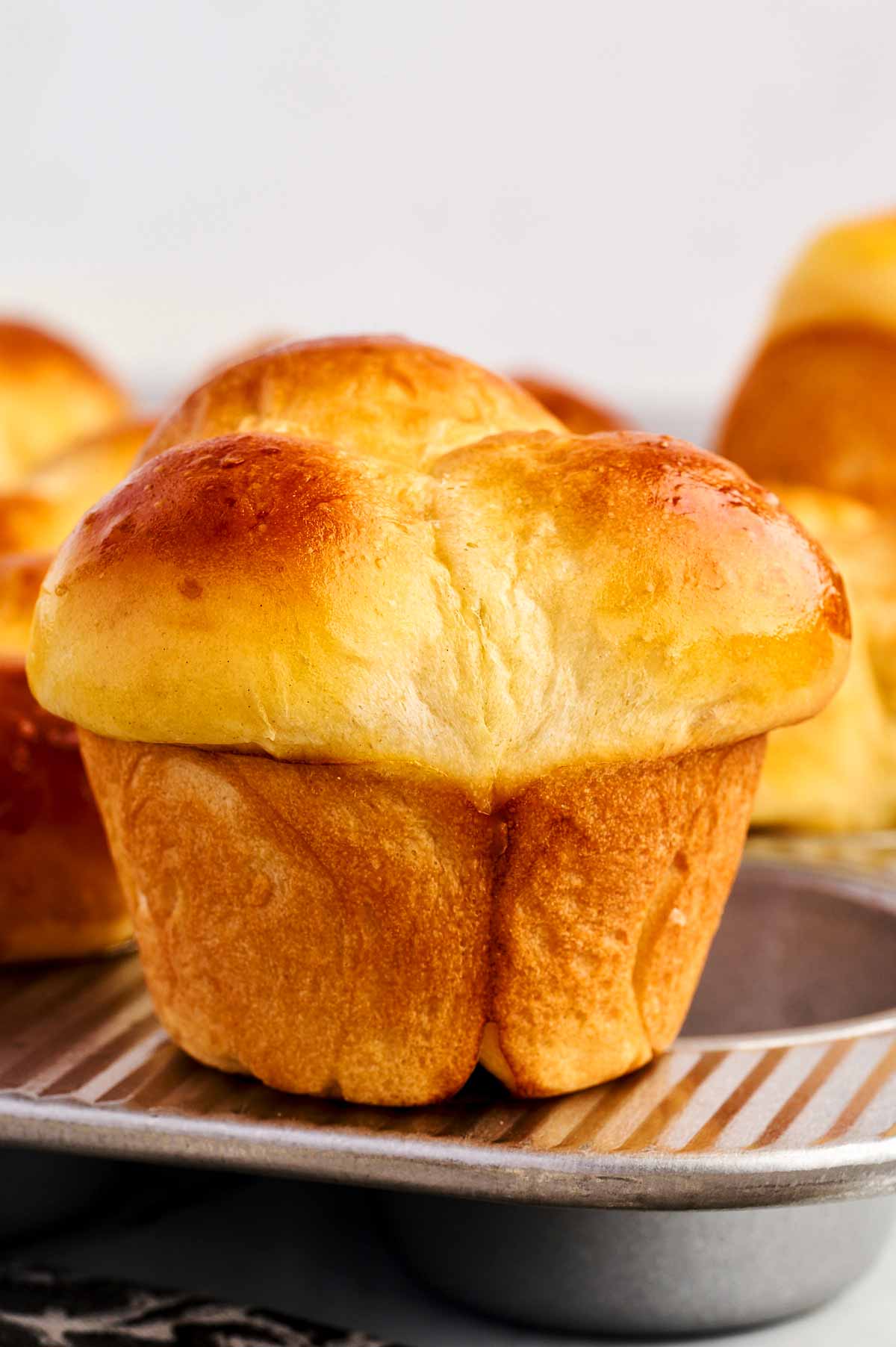 Cloverleaf dinner roll on a muffin pan.