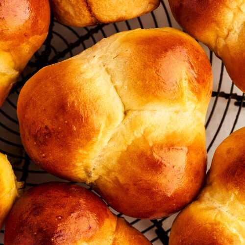 Close up photo of a cloverleaf dinner roll from above.