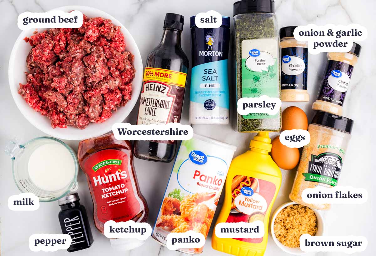 Ingredients for crockpot meatloaf with text labels.