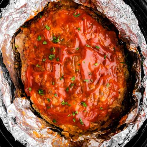 Meatloaf in crockpot with foil.