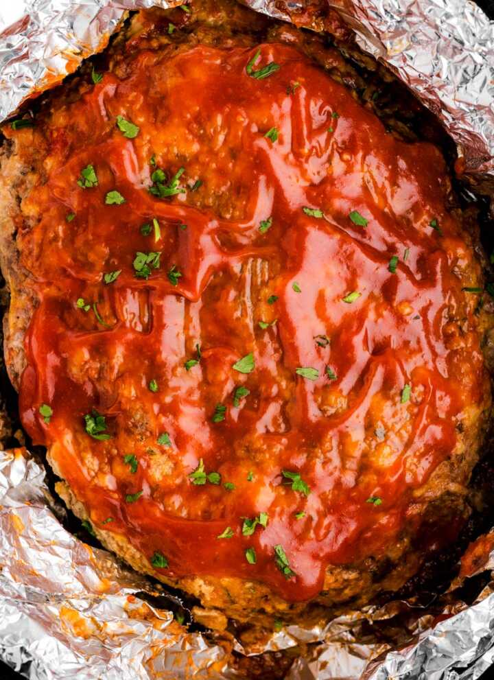 Meatloaf in crockpot with foil.