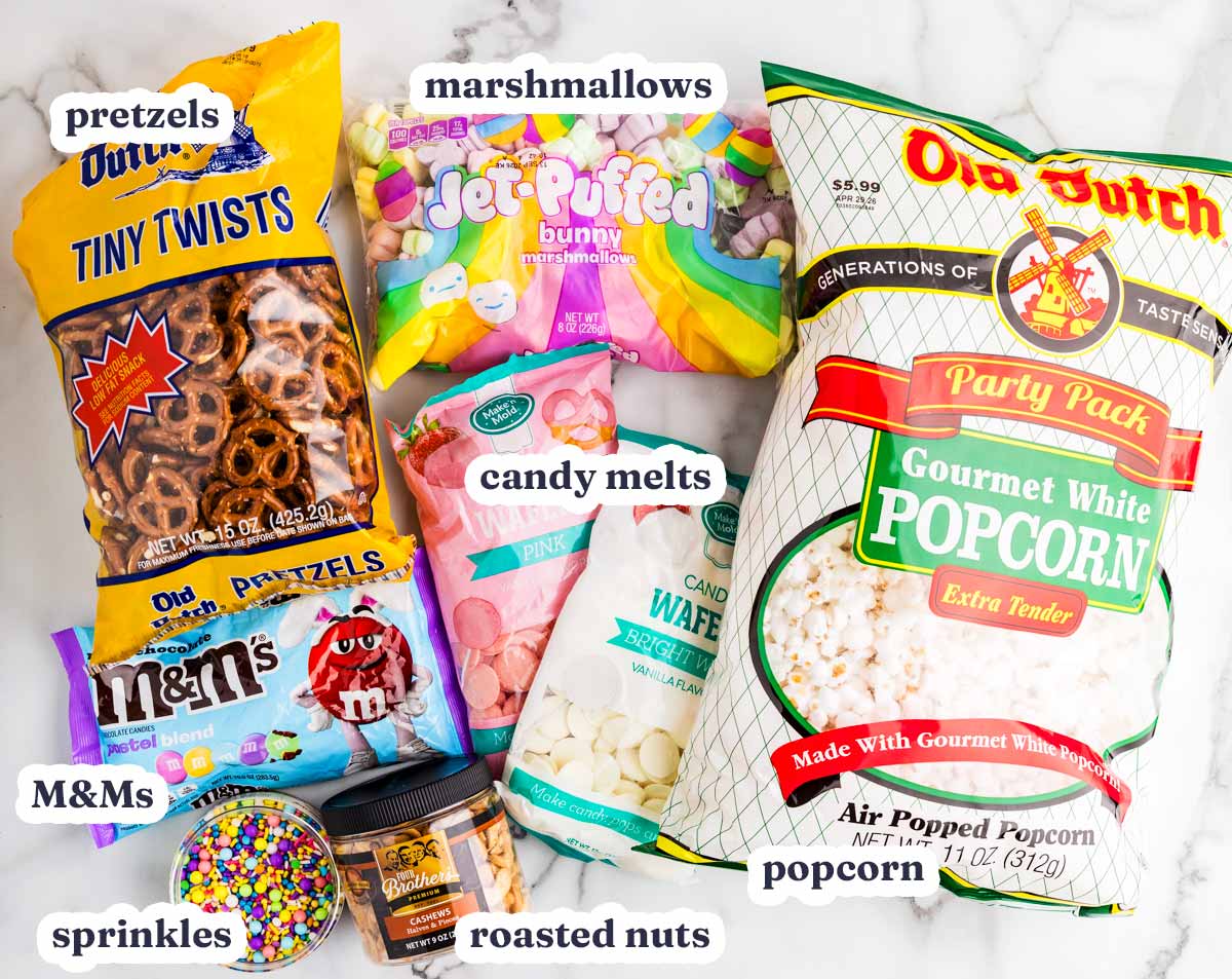 Easter Popcorn recipe ingredients with text labels.