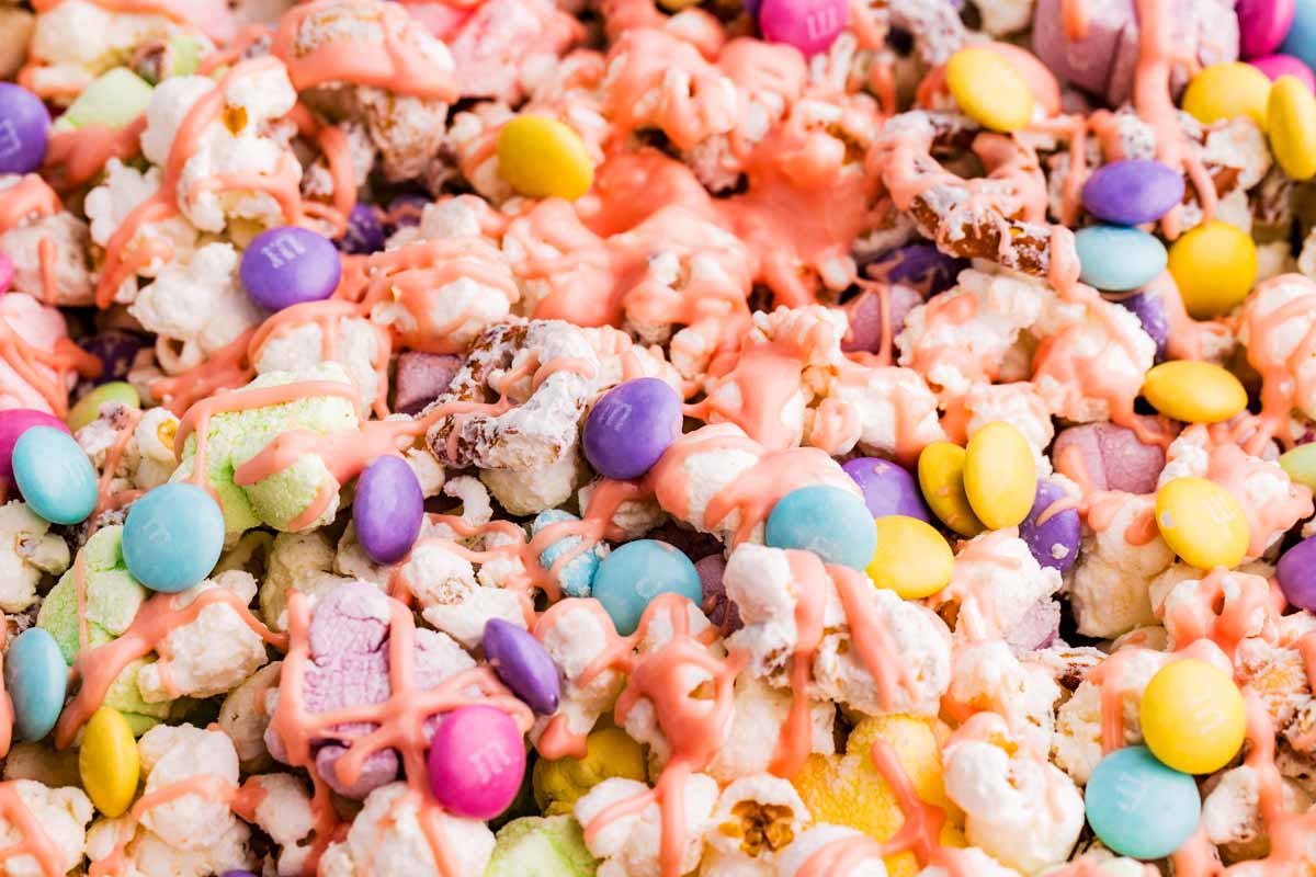 Easter popcorn with colorful drizzle.