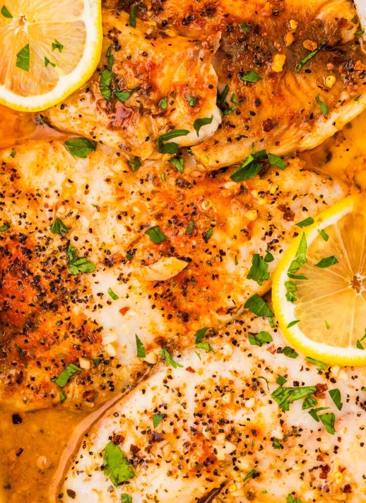 Garlic Butter Baked Tilapia in a white casserole dish.