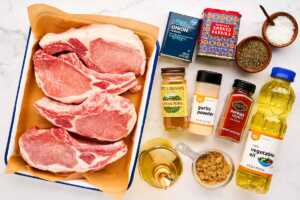 Ingredients for grilled pork chops with text labels.