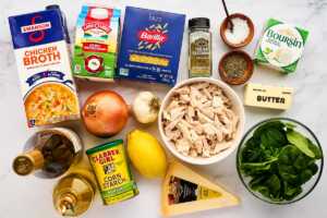 Ingredients for lemon chicken orzo pasta on white marble.