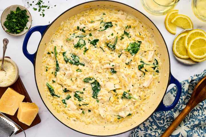 Lemon Chicken Orzo Pasta in a pan.