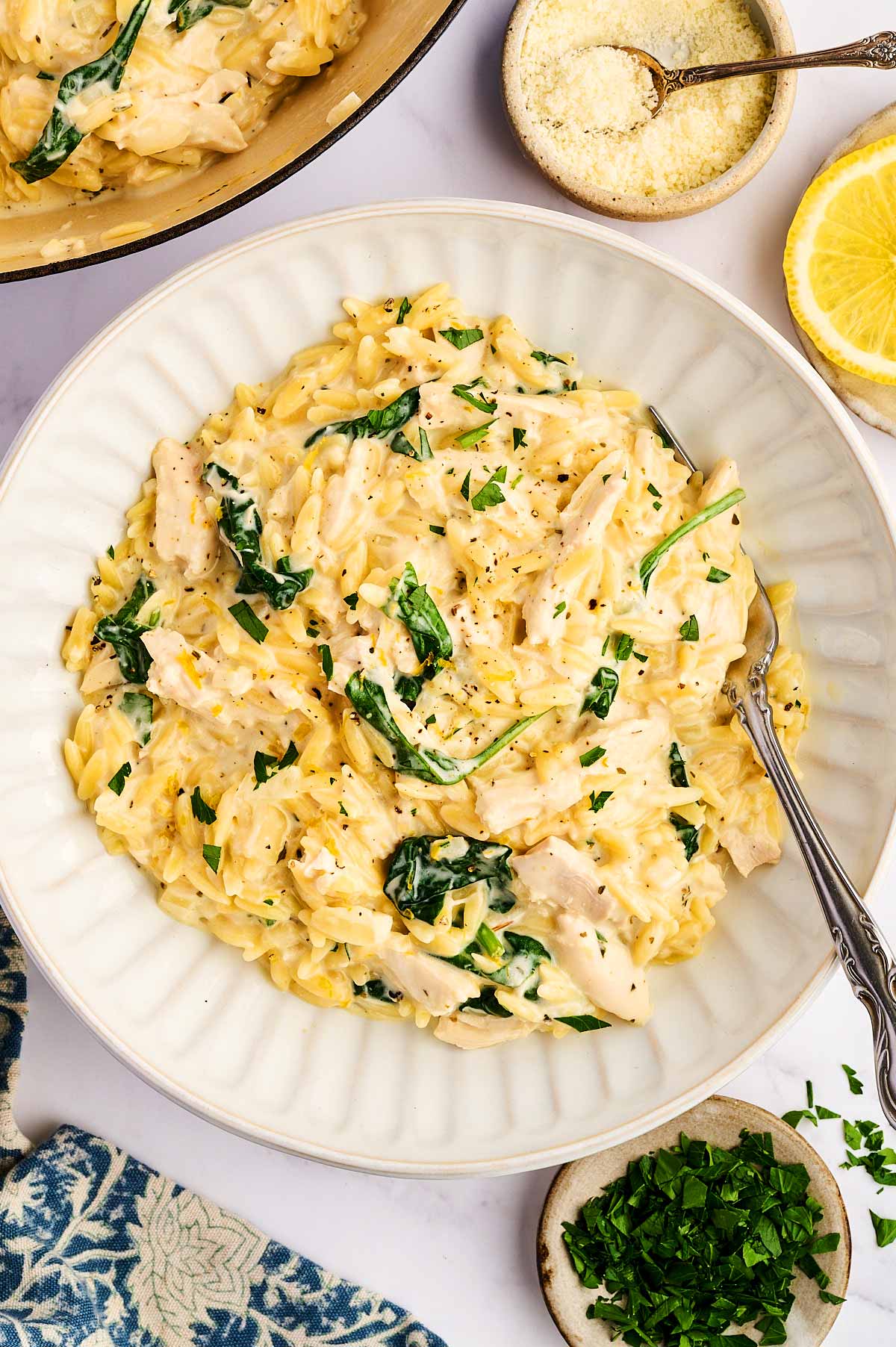 Plate with lemon chicken orzo.