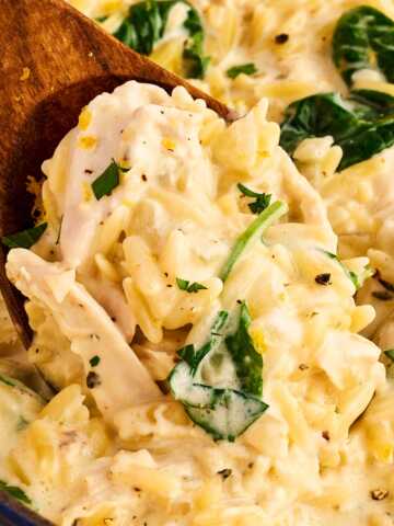 Wooden spoon scooping up lemon chicken orzo pasta.