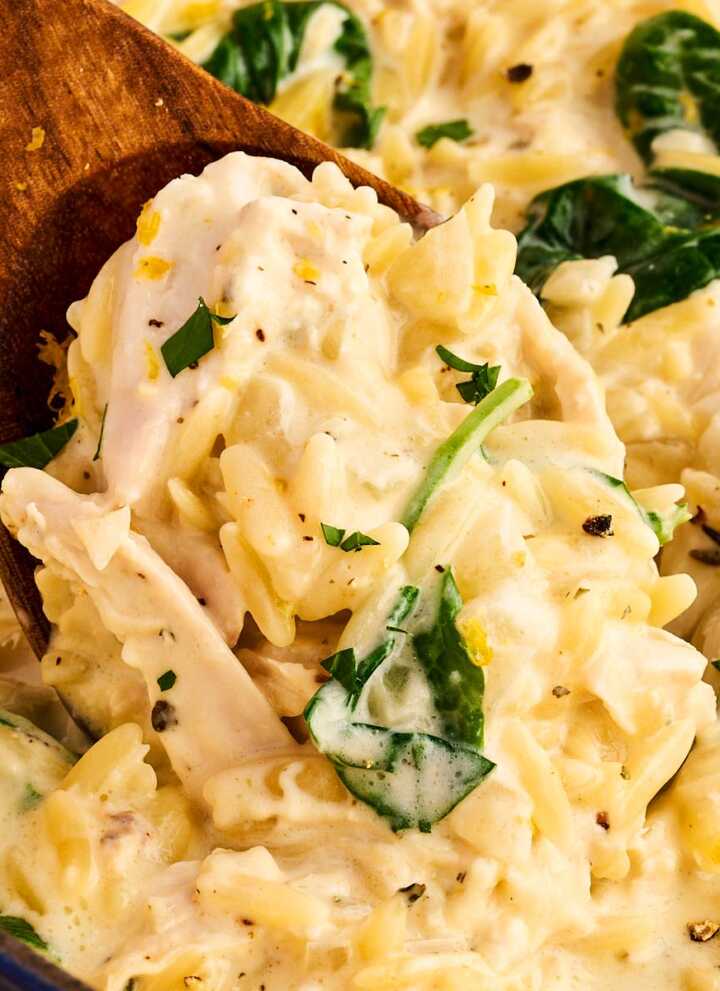 Wooden spoon scooping up lemon chicken orzo pasta.