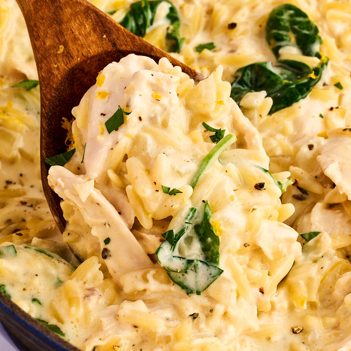 Wooden spoon scooping up lemon chicken orzo pasta.