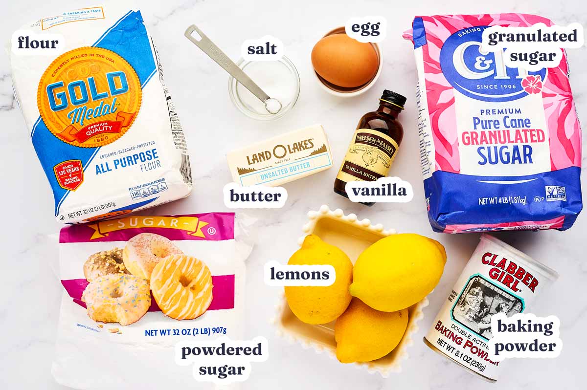 Lemon Crinkle Cookies recipe ingredients with text labels.