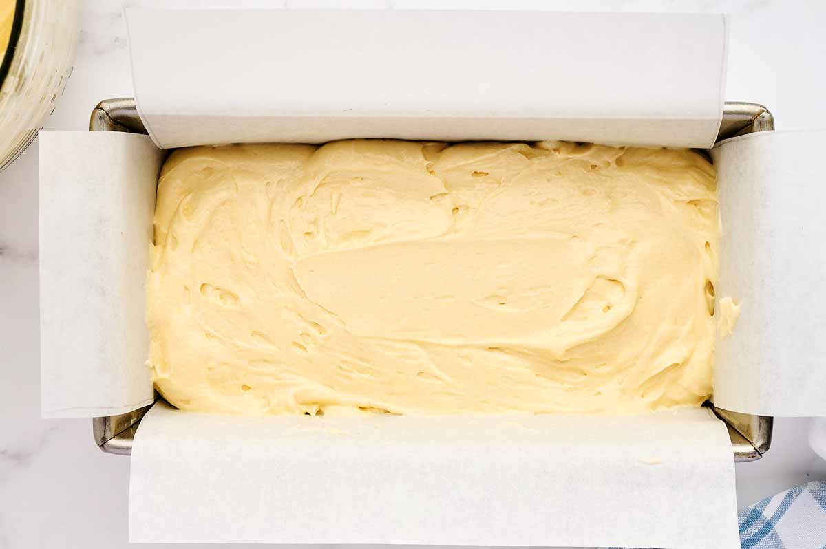 Vanilla batter in loaf pan.