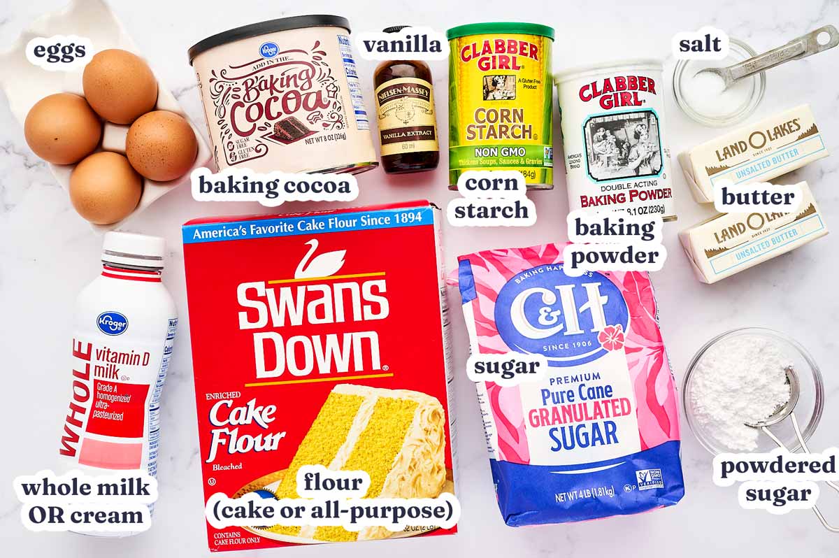 Ingredients for marble loaf cake with text labels.